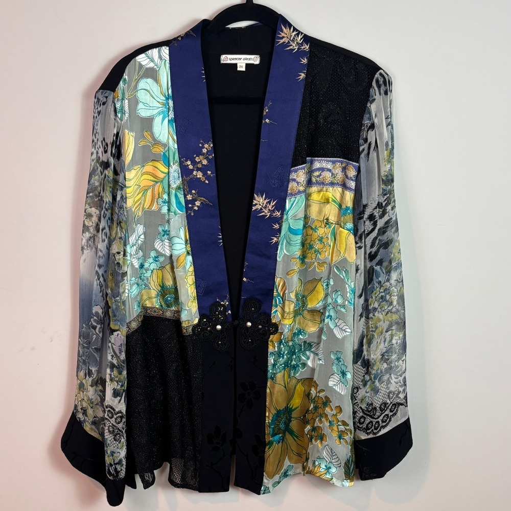 Vintage Spencer Alexis Mixed Media Floral Silk Blend Kimono Jacket 2X Boho Y2K